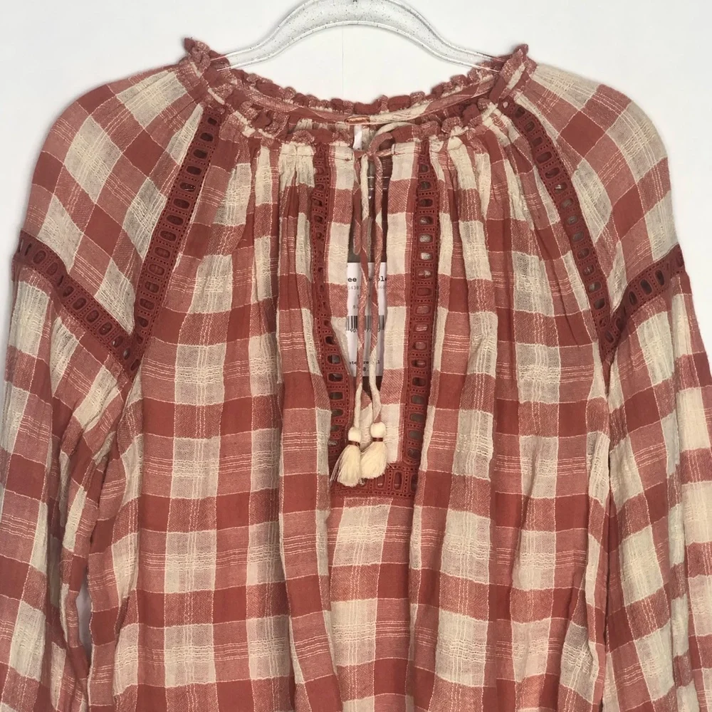 NWT Free People Honey Grove Rust Plaid Blouse